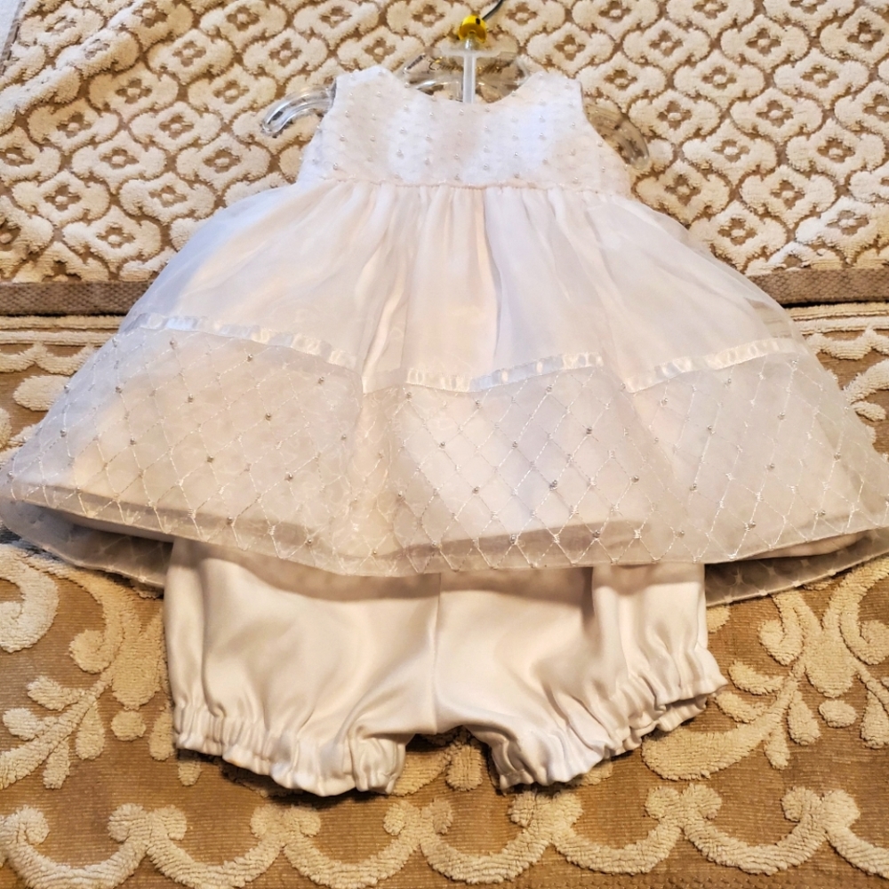 Cinderella Couture beaded baby dress with sheer overlay and bloomers-NWOT